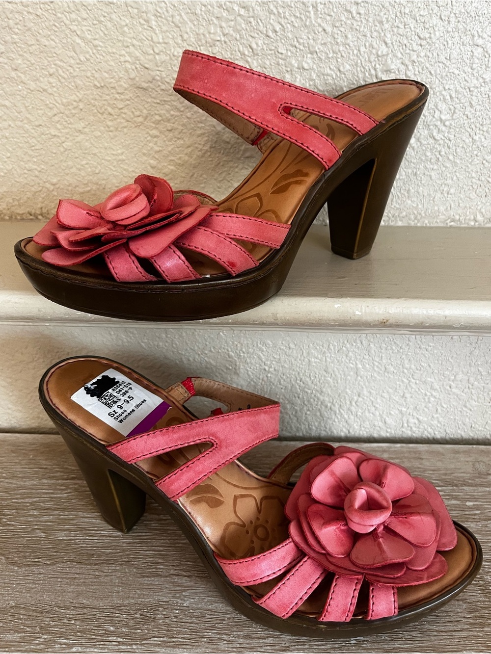 Born Pink Leather Floral Platform Strappy Sandals Heels Women’s Size 9